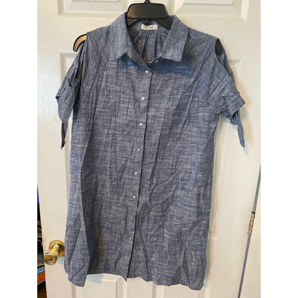 Mod Ref Blue Chambray Cold Shoulder Button Down Shirt Dress Large DR1232